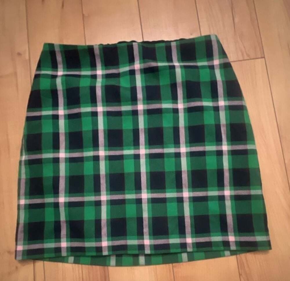Express Women's Green and Pink Plaid Mini Skirt